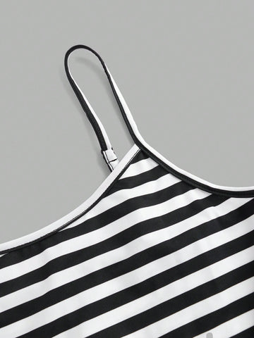 Women's Solid Camisole Jumpsuit And Striped Camisole Jumpsuit Short Set, 2pcs Casual Outfit