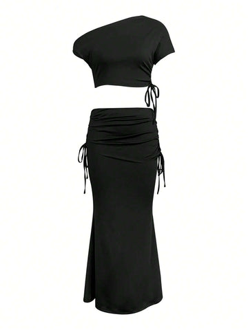 Women's Solid Color Asymmetrical Neckline Cropped T-Shirt With Drawstring Side And Slim-Fit Mermaid Skirt Two-Piece Set, Summer