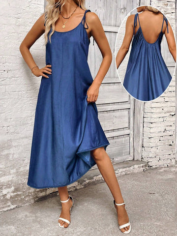 Women's Solid Color Backless Cami Dress For Vacation And Casual Wear