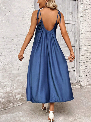 Women's Solid Color Backless Cami Dress For Vacation And Casual Wear