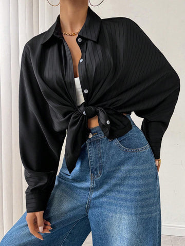 Essnce Women's Solid Color Batwing Sleeve Single-Breasted Blouse, Spring Autumn