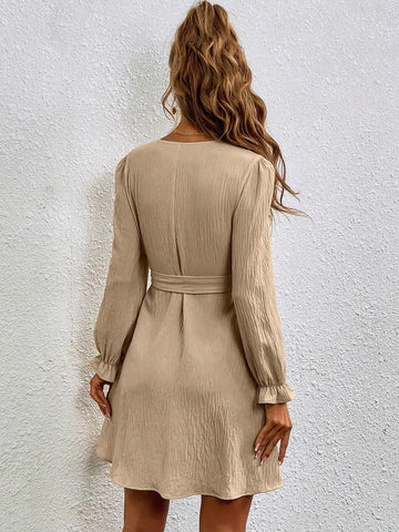 Women's Solid Color Bell Sleeve Wrap Tie-Front Dress, Great For Music Festival And Casual Wear