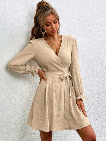 Women's Solid Color Bell Sleeve Wrap Tie-Front Dress, Great For Music Festival And Casual Wear