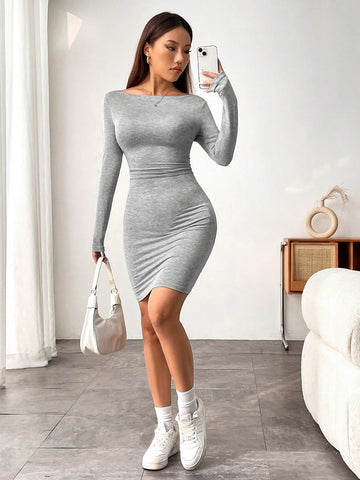 Women's Solid Color Boat Neck Bodycon Dress