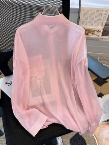 Essnce Women's Solid Color Button-Front See-Through Shirt With Pocket For Summer Casual, Long Sleeve