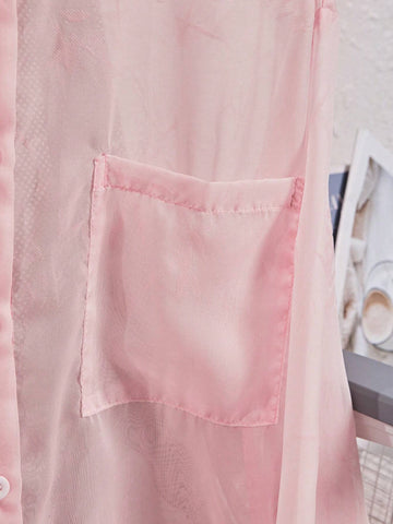 Essnce Women's Solid Color Button-Front See-Through Shirt With Pocket For Summer Casual, Long Sleeve