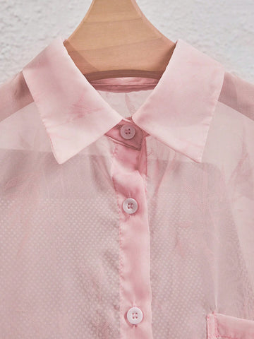 Essnce Women's Solid Color Button-Front See-Through Shirt With Pocket For Summer Casual, Long Sleeve