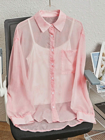 Essnce Women's Solid Color Button-Front See-Through Shirt With Pocket For Summer Casual, Long Sleeve