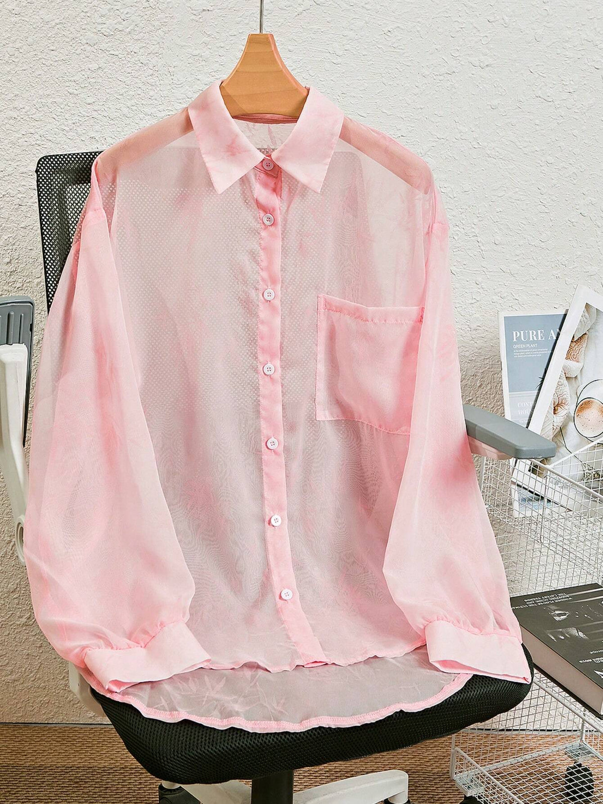 Essnce Women's Solid Color Button-Front See-Through Shirt With Pocket For Summer Casual, Long Sleeve
