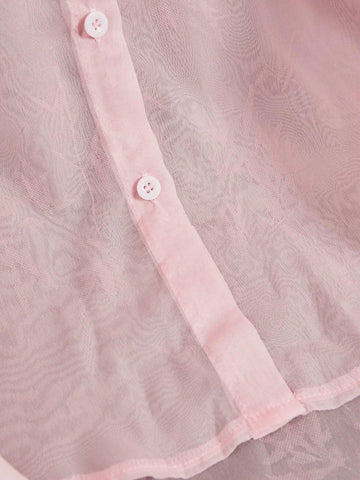 Essnce Women's Solid Color Button-Front See-Through Shirt With Pocket For Summer Casual, Long Sleeve