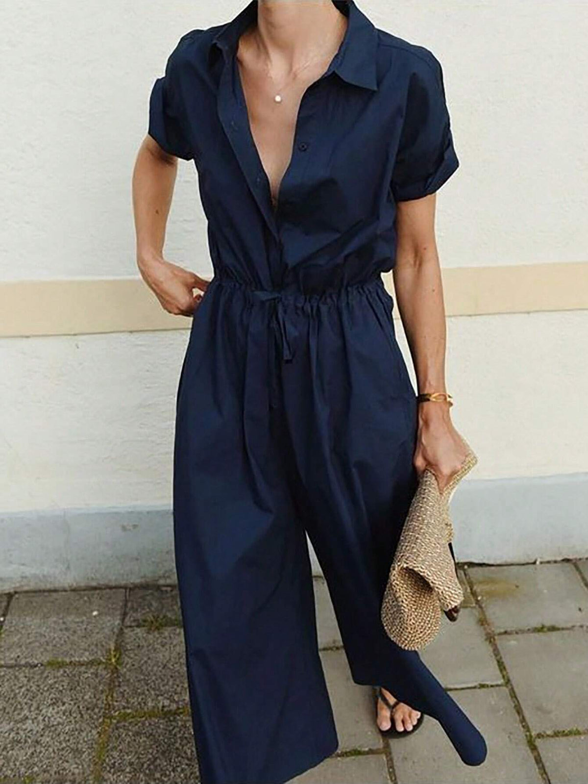 Women's Solid Color Button Half Placket Waist Tie Casual Jumpsuit, Summer