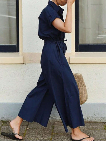 Women's Solid Color Button Half Placket Waist Tie Casual Jumpsuit, Summer