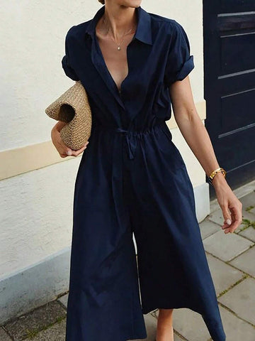 Women's Solid Color Button Half Placket Waist Tie Casual Jumpsuit, Summer