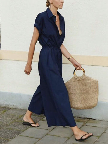 Women's Solid Color Button Half Placket Waist Tie Casual Jumpsuit, Summer