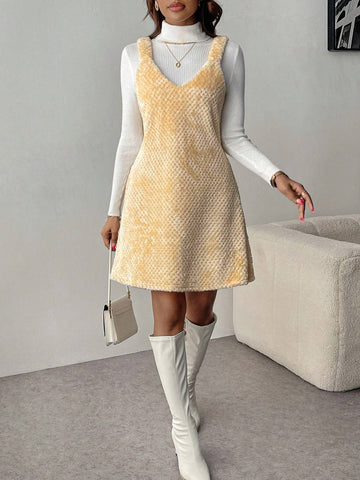 Women's Solid Color Casual Sleeveless Furry Jumper Dress, Autumn & Winter