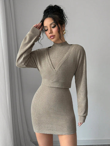 Women's Solid Color Deep V-Neck Bodycon Dress Set With Stand Collar Sleeveless Vest, Suitable For Spring And Autumn