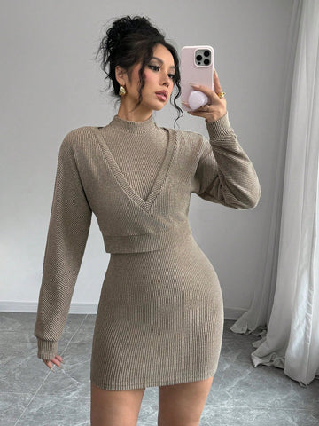 Women's Solid Color Deep V-Neck Bodycon Dress Set With Stand Collar Sleeveless Vest, Suitable For Spring And Autumn