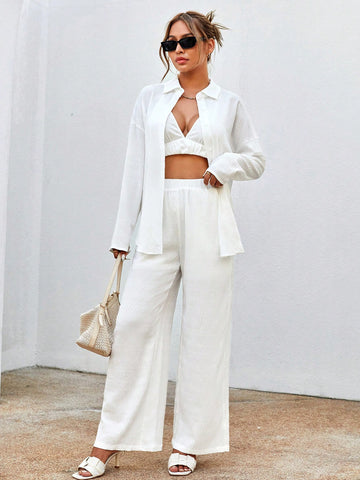 Women's Solid Color Drop Shoulder Long Sleeve Shirt And Pants Set