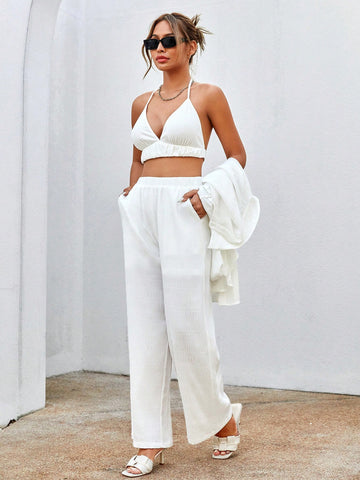 Women's Solid Color Drop Shoulder Long Sleeve Shirt And Pants Set