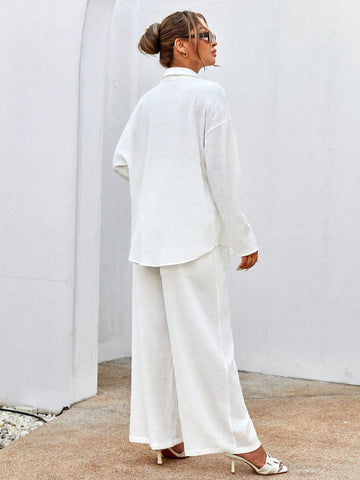 Women's Solid Color Drop Shoulder Long Sleeve Shirt And Pants Set