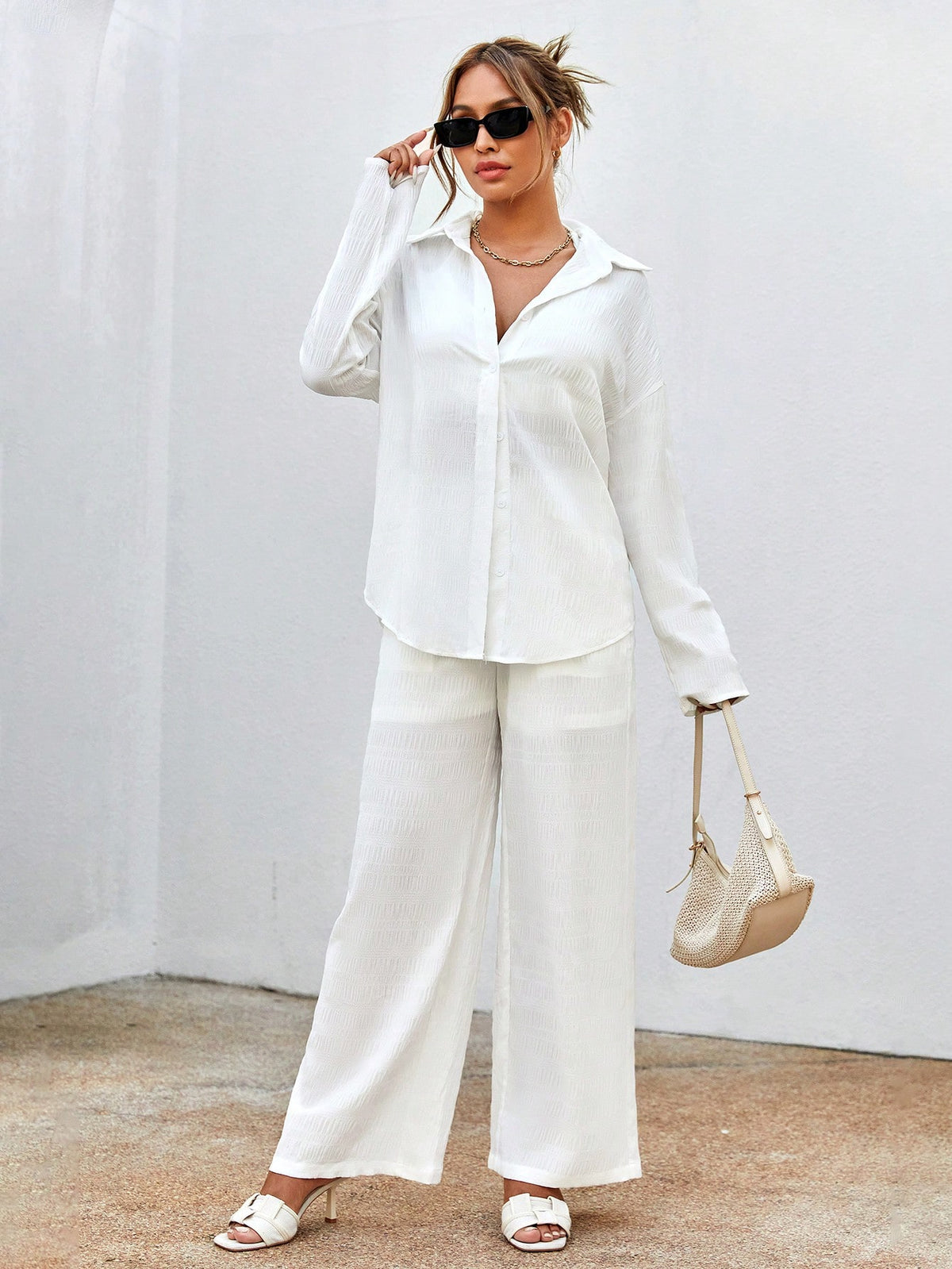 Women's Solid Color Drop Shoulder Long Sleeve Shirt And Pants Set