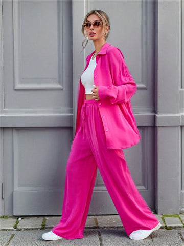 Women's Solid Color Drop Shoulder Sleeve Shirt And Trousers Valentine's Day Casual Two-Piece Set