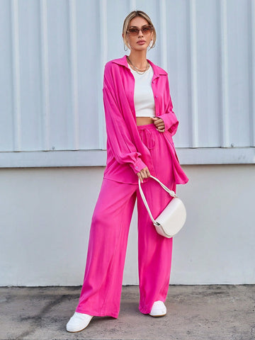 Women's Solid Color Drop Shoulder Sleeve Shirt And Trousers Valentine's Day Casual Two-Piece Set