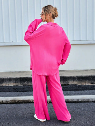 Women's Solid Color Drop Shoulder Sleeve Shirt And Trousers Valentine's Day Casual Two-Piece Set
