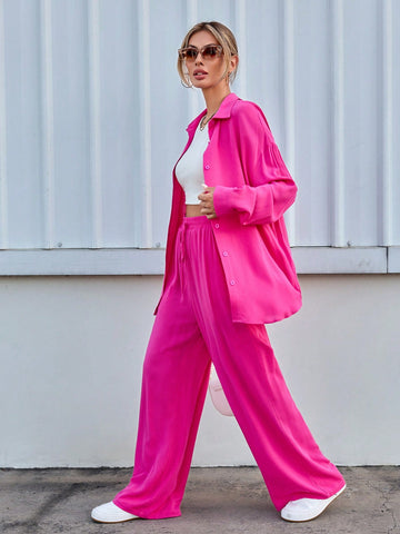 Women's Solid Color Drop Shoulder Sleeve Shirt And Trousers Valentine's Day Casual Two-Piece Set