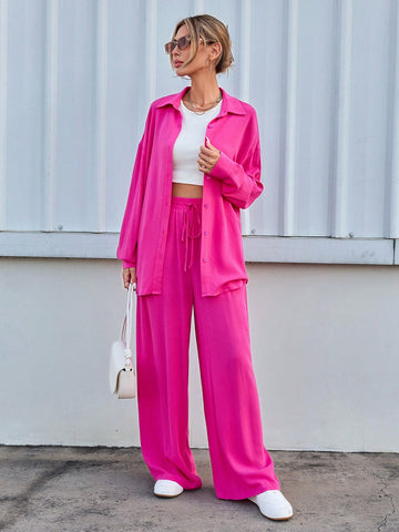 Women's Solid Color Drop Shoulder Sleeve Shirt And Trousers Valentine's Day Casual Two-Piece Set