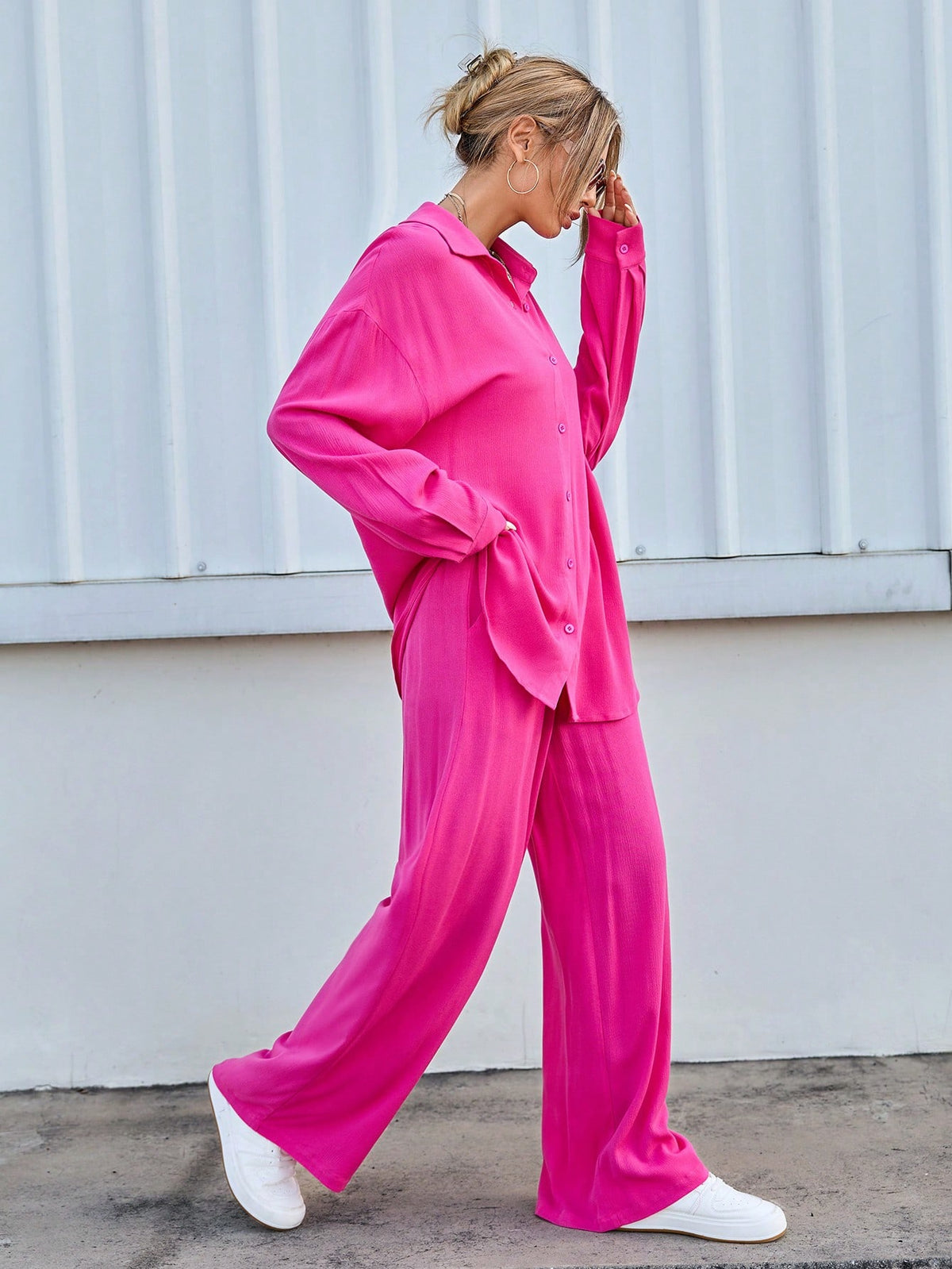 Women's Solid Color Drop Shoulder Sleeve Shirt And Trousers Valentine's Day Casual Two-Piece Set