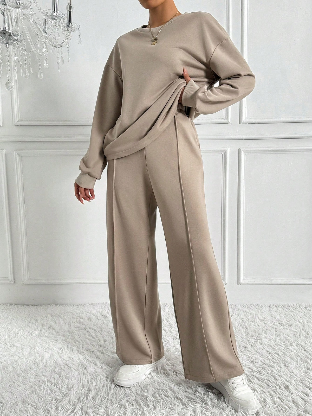 Women's Solid Color Drop Shoulder Sweatshirt And Sweatpants Two-piece Set