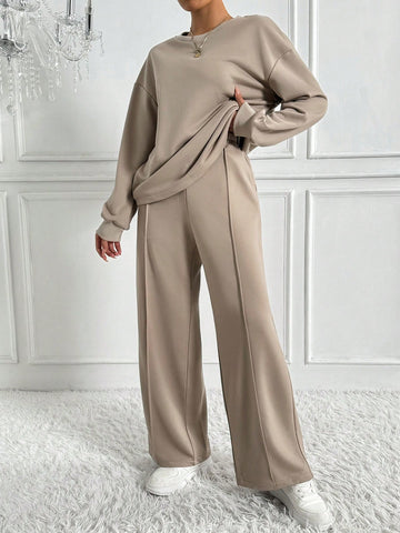 Women's Solid Color Drop Shoulder Sweatshirt And Sweatpants Two-piece Set