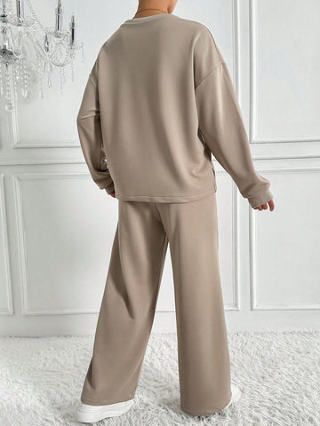 Women's Solid Color Drop Shoulder Sweatshirt And Sweatpants Two-piece Set