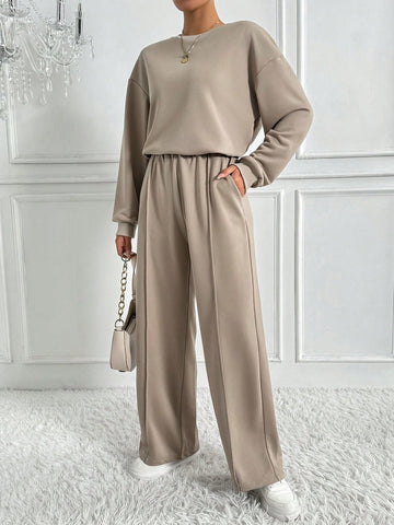 Women's Solid Color Drop Shoulder Sweatshirt And Sweatpants Two-piece Set