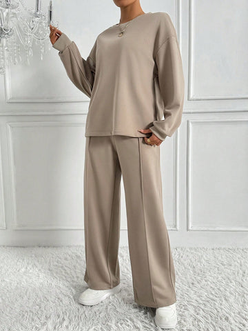 Women's Solid Color Drop Shoulder Sweatshirt And Sweatpants Two-piece Set