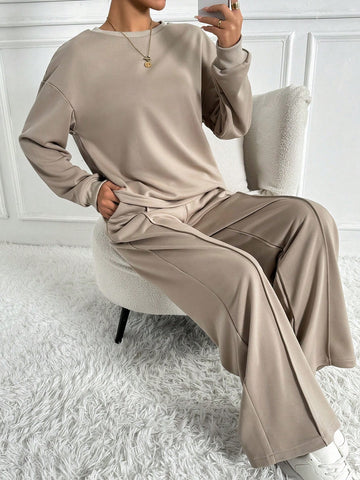 Women's Solid Color Drop Shoulder Sweatshirt And Sweatpants Two-piece Set