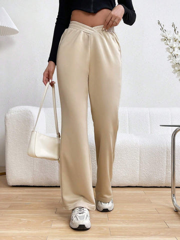 Essnce Women's Solid Color Elastic Waist Wide Leg Pants