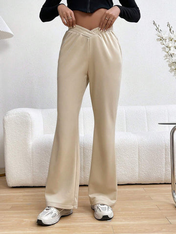 Essnce Women's Solid Color Elastic Waist Wide Leg Pants