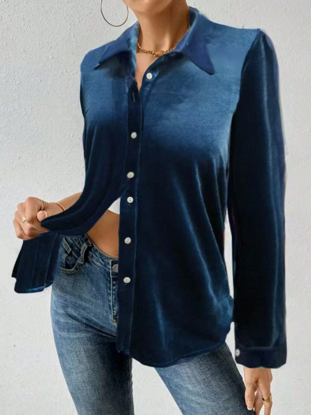 Essnce Women's Solid Color Front Button Casual Long Sleeve Blouse