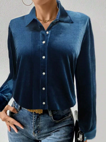 Essnce Women's Solid Color Front Button Casual Long Sleeve Blouse