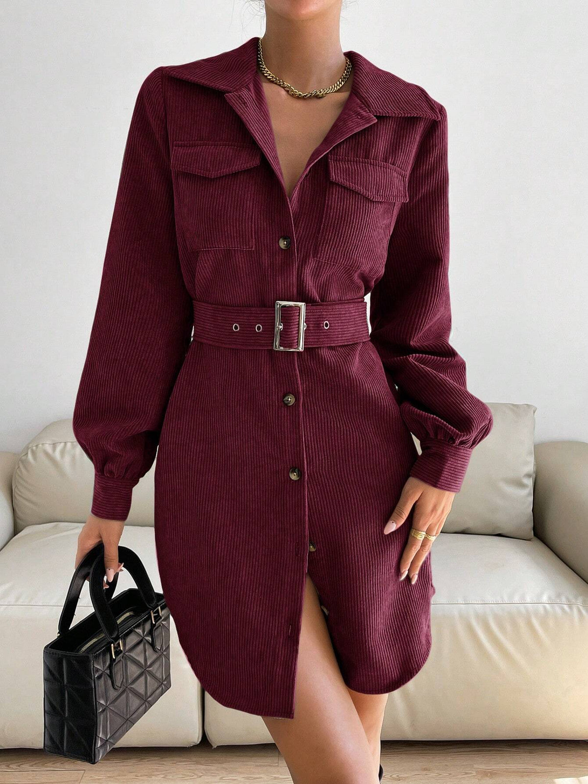 Women's Solid Color Front Button Long Sleeve Pocket Short Dress