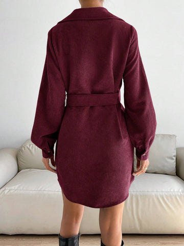 Women's Solid Color Front Button Long Sleeve Pocket Short Dress