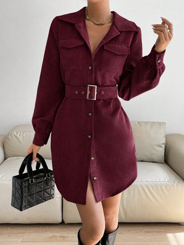 Women's Solid Color Front Button Long Sleeve Pocket Short Dress