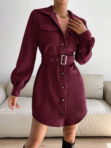 Women's Solid Color Front Button Long Sleeve Pocket Short Dress