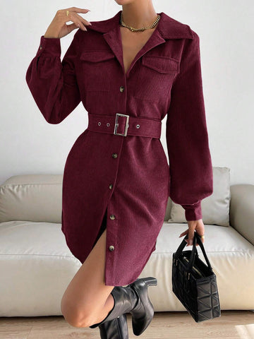 Women's Solid Color Front Button Long Sleeve Pocket Short Dress