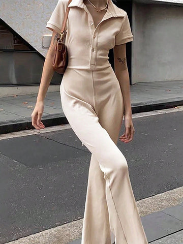 Women's Solid Color Front Button Short Sleeve Backless Casual Jumpsuit For Summer