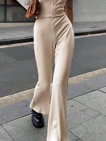 Women's Solid Color Front Button Short Sleeve Backless Casual Jumpsuit For Summer