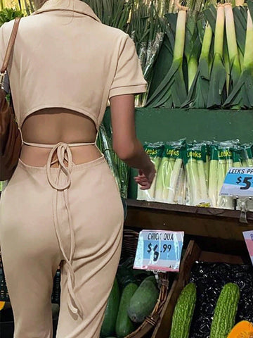 Women's Solid Color Front Button Short Sleeve Backless Casual Jumpsuit For Summer