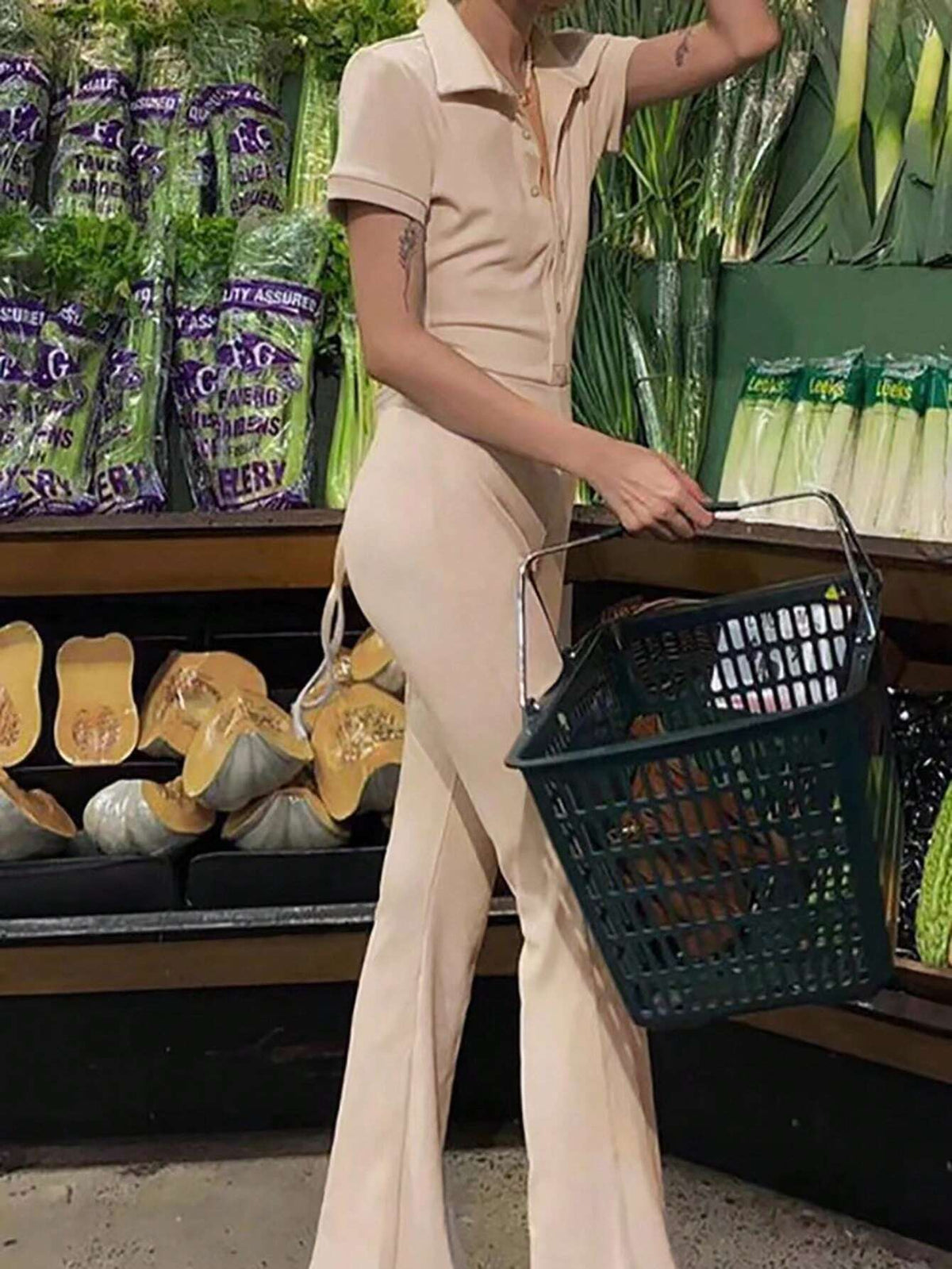 Women's Solid Color Front Button Short Sleeve Backless Casual Jumpsuit For Summer